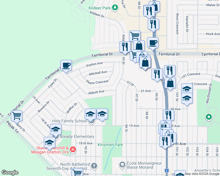 map of restaurants, bars, coffee shops, grocery stores, and more near 9023 Abbott Avenue in North Battleford