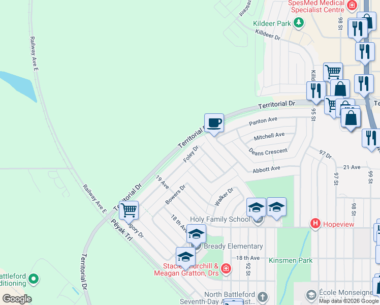 map of restaurants, bars, coffee shops, grocery stores, and more near 2003 A Foley Drive in North Battleford