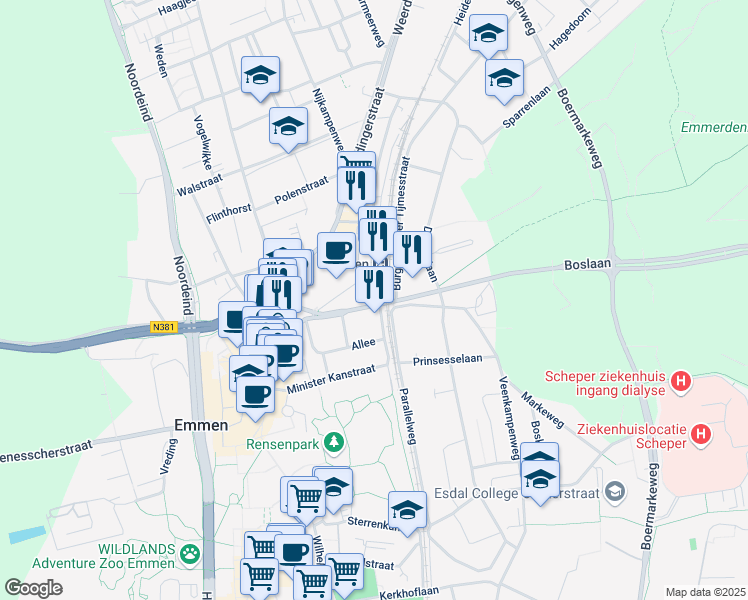 map of restaurants, bars, coffee shops, grocery stores, and more near Stationsplein in Emmen