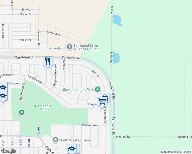 map of restaurants, bars, coffee shops, grocery stores, and more near 11335 Clark Drive in North Battleford