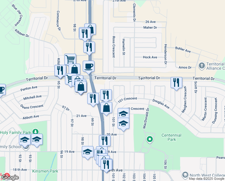 map of restaurants, bars, coffee shops, grocery stores, and more near 10109 Borden Crescent in North Battleford