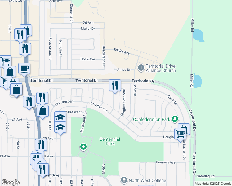 map of restaurants, bars, coffee shops, grocery stores, and more near 10716 Meighen Crescent in North Battleford