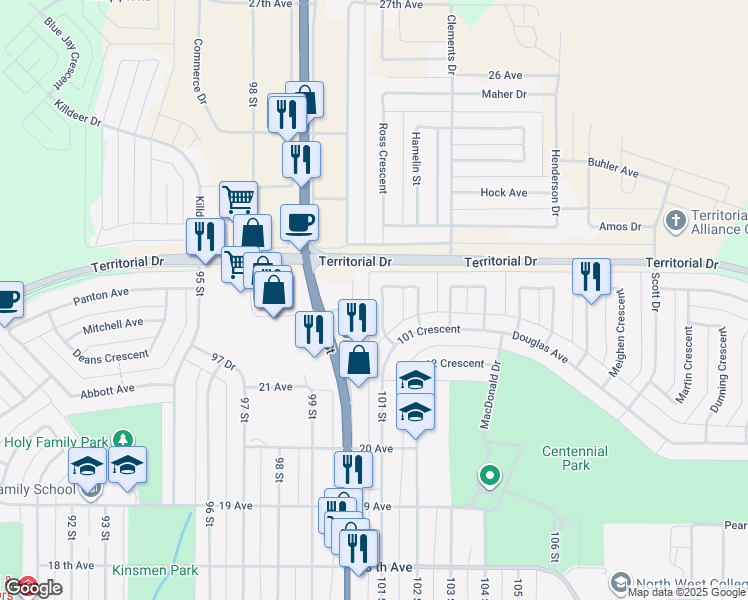 map of restaurants, bars, coffee shops, grocery stores, and more near 10109 Borden Crescent in North Battleford