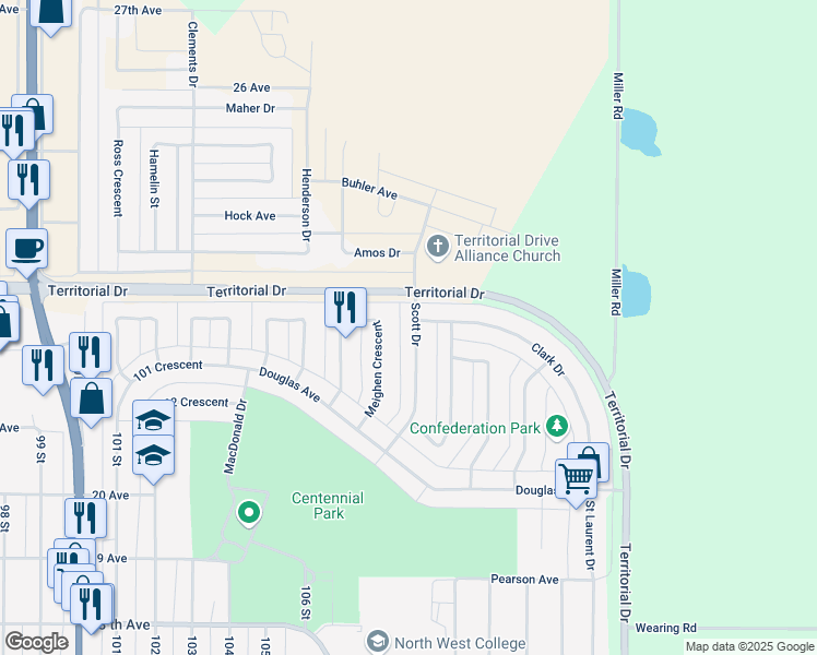 map of restaurants, bars, coffee shops, grocery stores, and more near 10931 Scott Drive in North Battleford