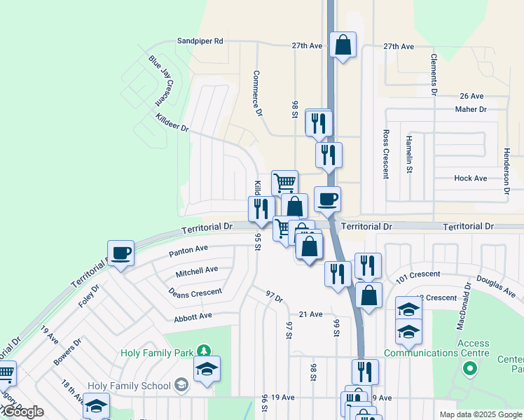 map of restaurants, bars, coffee shops, grocery stores, and more near 2302 Killdeer Drive in North Battleford