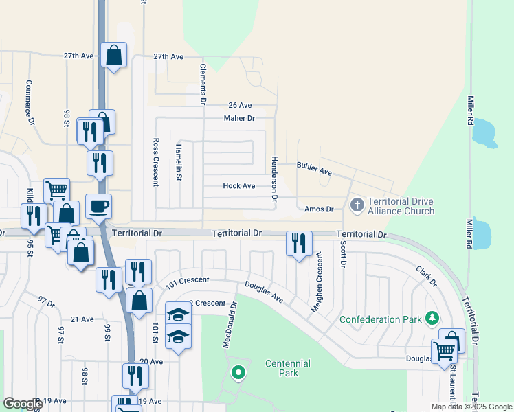 map of restaurants, bars, coffee shops, grocery stores, and more near 10323 Henderson Drive in North Battleford