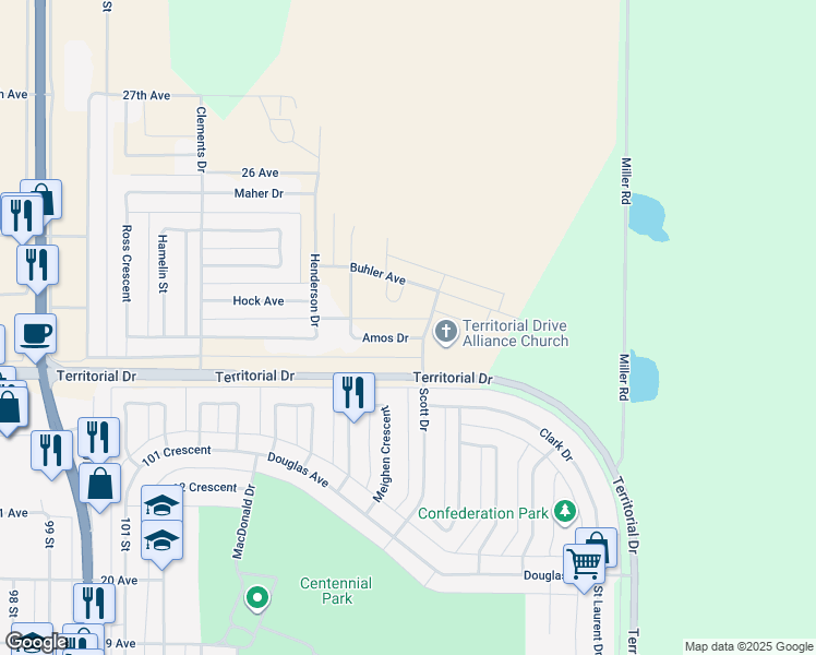map of restaurants, bars, coffee shops, grocery stores, and more near 10905 Amos Drive in North Battleford