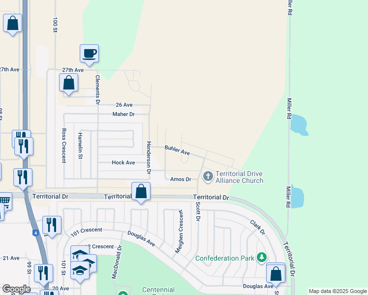 map of restaurants, bars, coffee shops, grocery stores, and more near 10905 Amos Drive in North Battleford