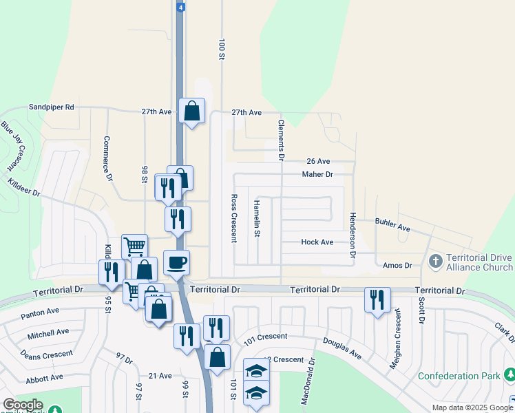 map of restaurants, bars, coffee shops, grocery stores, and more near Hamelin Street in North Battleford