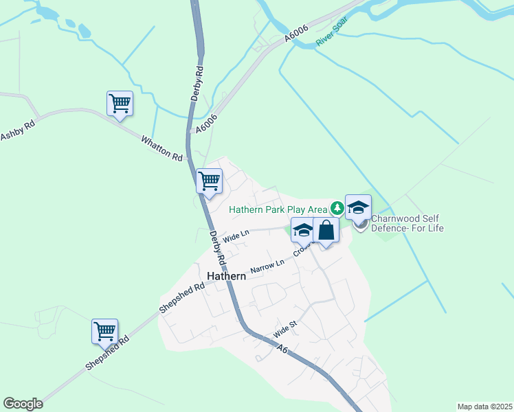 map of restaurants, bars, coffee shops, grocery stores, and more near Hawthorne Avenue in Hathern