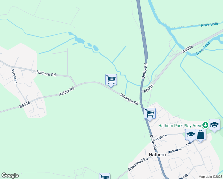 map of restaurants, bars, coffee shops, grocery stores, and more near Whatton Road in Hathern