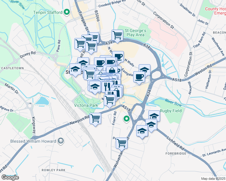 map of restaurants, bars, coffee shops, grocery stores, and more near in Staffordshire