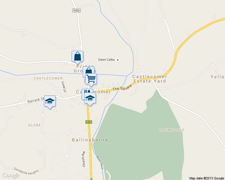 map of restaurants, bars, coffee shops, grocery stores, and more near The Square in Castlecomer