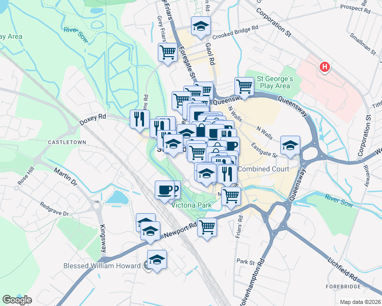 map of restaurants, bars, coffee shops, grocery stores, and more near in Staffordshire