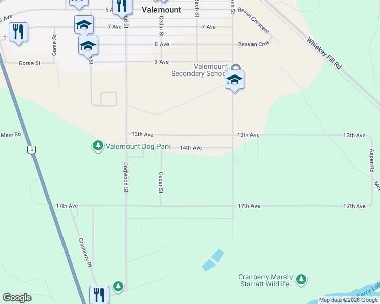 map of restaurants, bars, coffee shops, grocery stores, and more near 1123 14th Avenue in Valemount