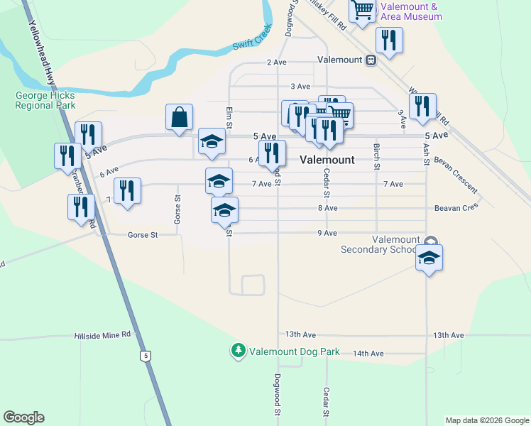 map of restaurants, bars, coffee shops, grocery stores, and more near 1321 8 Avenue in Valemount