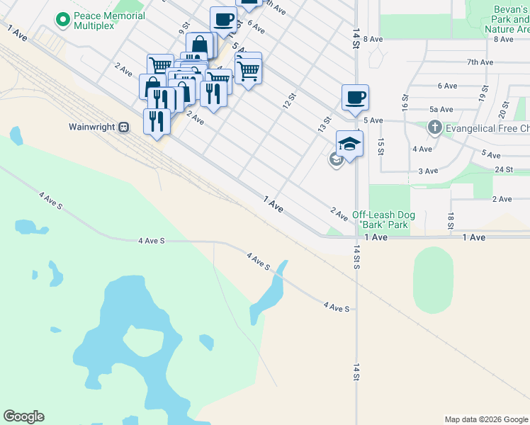 map of restaurants, bars, coffee shops, grocery stores, and more near 1235 1 Avenue in Wainwright