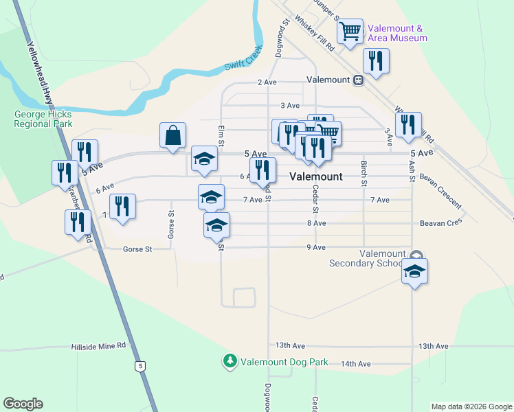 map of restaurants, bars, coffee shops, grocery stores, and more near 1323 7 Avenue in Valemount