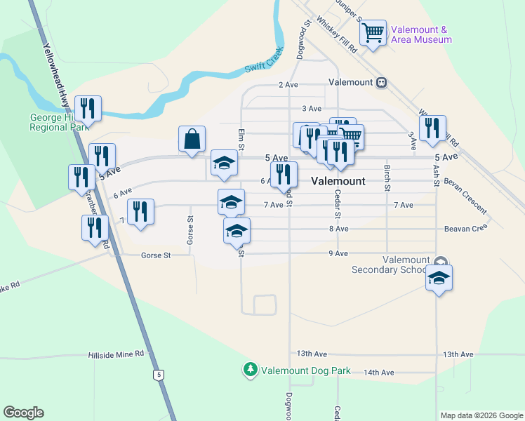 map of restaurants, bars, coffee shops, grocery stores, and more near 1343 7 Avenue in Valemount