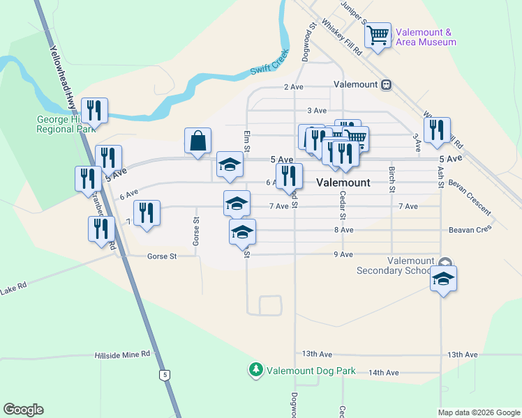 map of restaurants, bars, coffee shops, grocery stores, and more near 1355 7 Avenue in Valemount