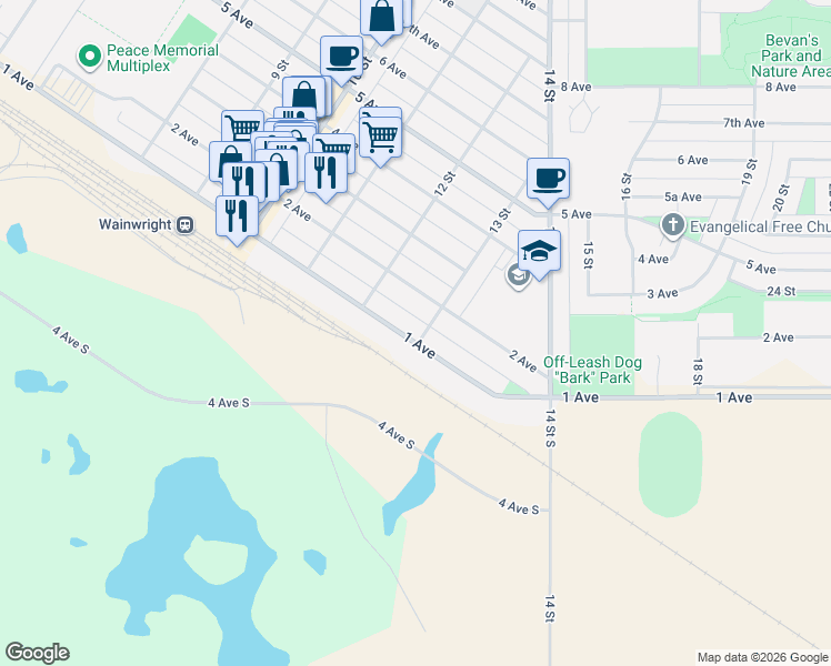 map of restaurants, bars, coffee shops, grocery stores, and more near 1235 1 Avenue in Wainwright