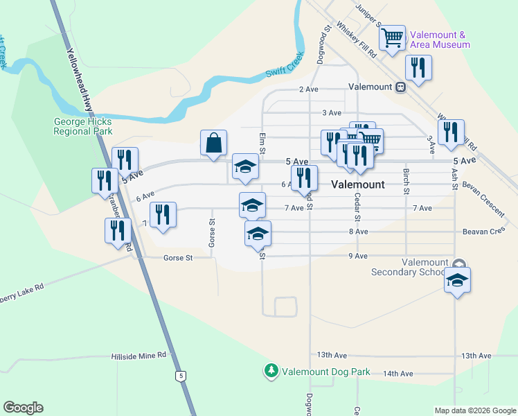 map of restaurants, bars, coffee shops, grocery stores, and more near 1410 7 Avenue in Valemount