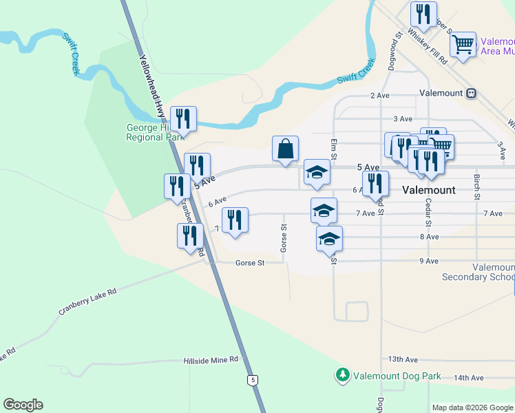 map of restaurants, bars, coffee shops, grocery stores, and more near 1460 7 Avenue in Valemount