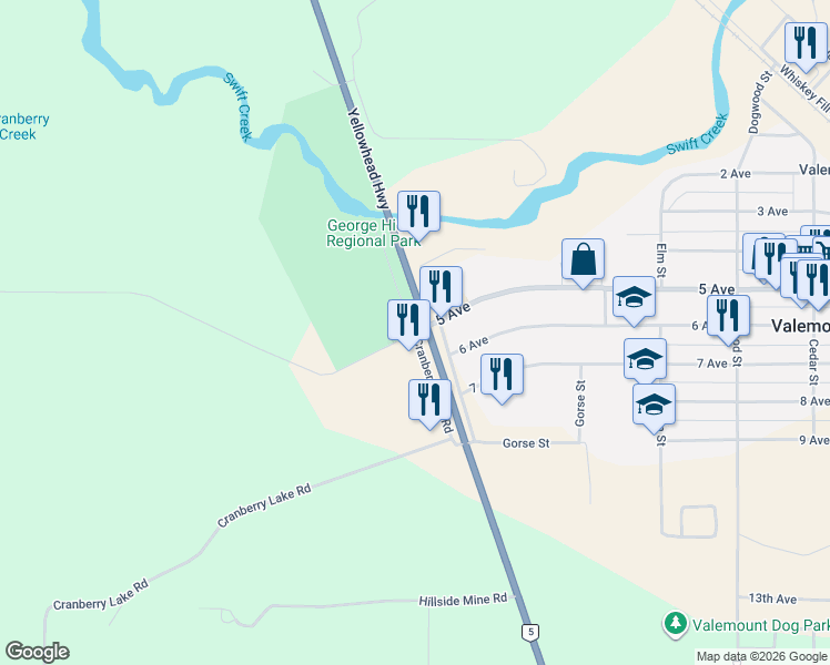 map of restaurants, bars, coffee shops, grocery stores, and more near Pine Road in Valemount