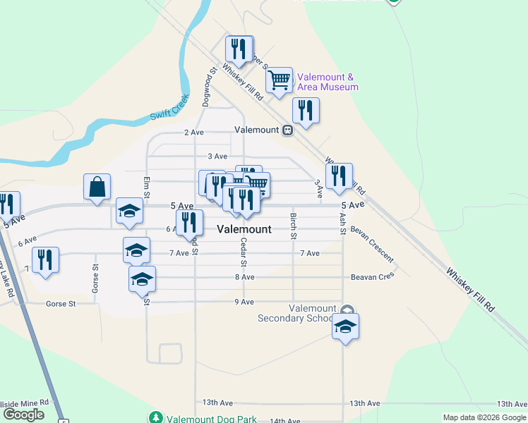 map of restaurants, bars, coffee shops, grocery stores, and more near 1155 5 Avenue in Valemount