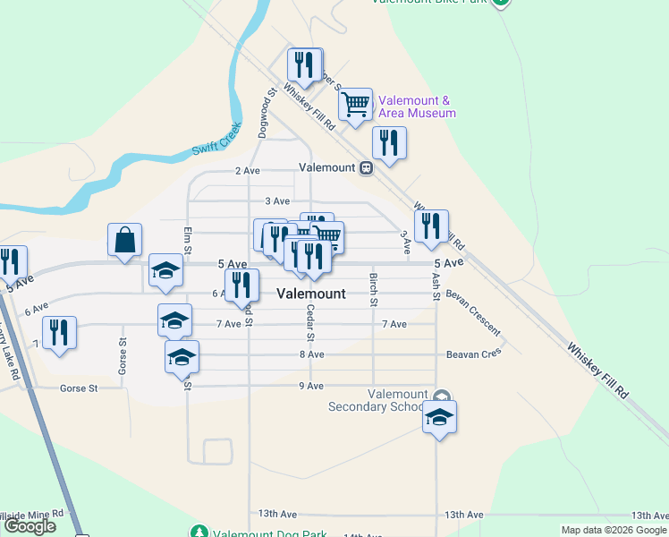 map of restaurants, bars, coffee shops, grocery stores, and more near 1155 5 Avenue in Valemount