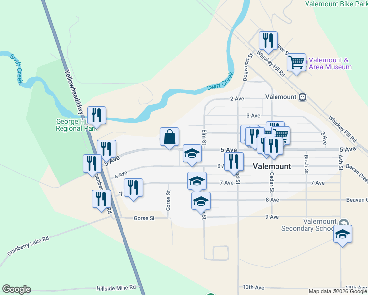map of restaurants, bars, coffee shops, grocery stores, and more near 5 Avenue in Valemount