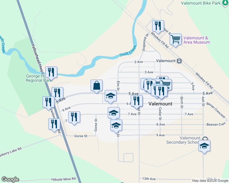 map of restaurants, bars, coffee shops, grocery stores, and more near 1400 5 Avenue in Valemount