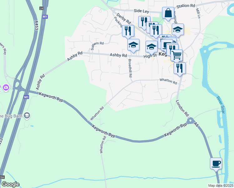 map of restaurants, bars, coffee shops, grocery stores, and more near Whatton Road in Kegworth