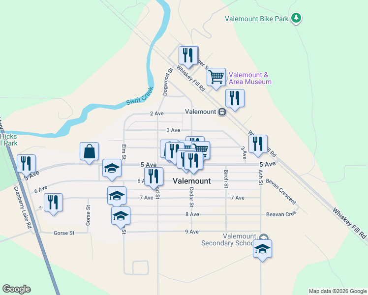 map of restaurants, bars, coffee shops, grocery stores, and more near 1214 4 Avenue in Valemount