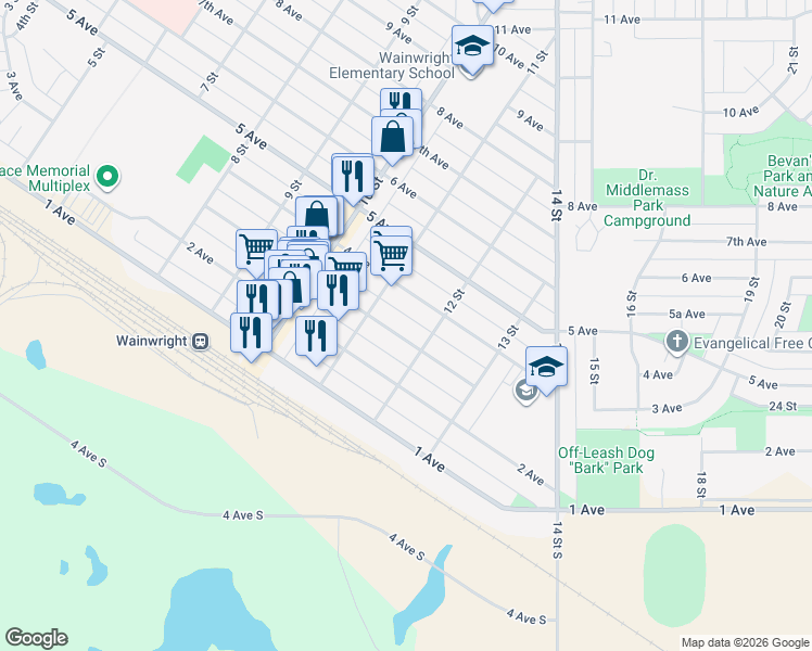 map of restaurants, bars, coffee shops, grocery stores, and more near 1138 12 Street in Wainwright