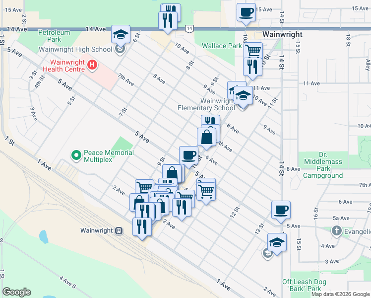 map of restaurants, bars, coffee shops, grocery stores, and more near 905 6 Avenue in Wainwright
