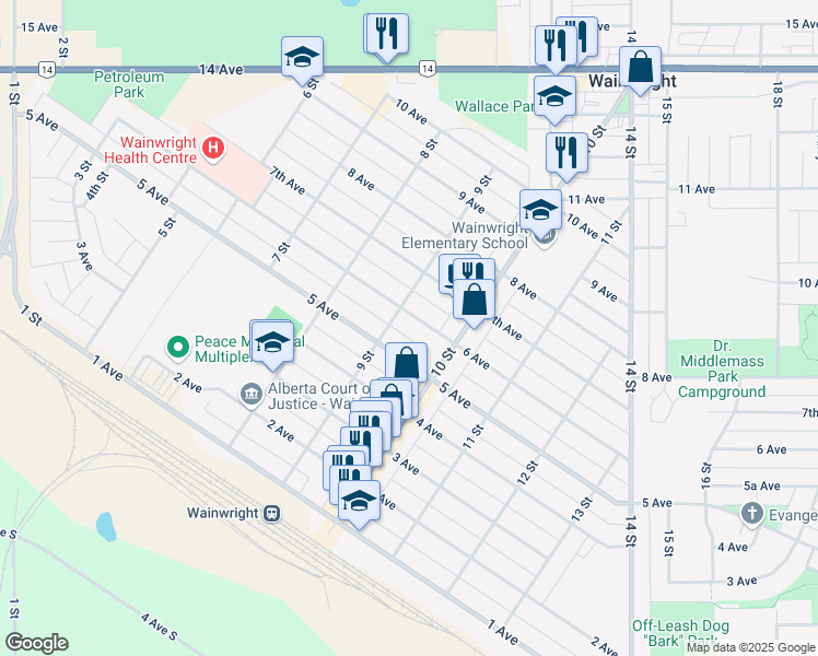 map of restaurants, bars, coffee shops, grocery stores, and more near 905 6 Avenue in Wainwright