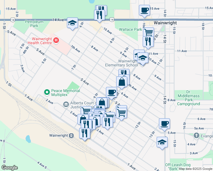 map of restaurants, bars, coffee shops, grocery stores, and more near 905 6 Avenue in Wainwright