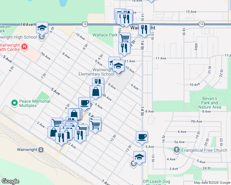 map of restaurants, bars, coffee shops, grocery stores, and more near 1029 8 Avenue in Wainwright