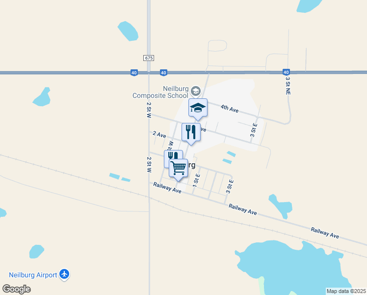 map of restaurants, bars, coffee shops, grocery stores, and more near 110 Centre Street in Neilburg