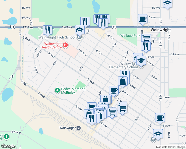 map of restaurants, bars, coffee shops, grocery stores, and more near 730 6 Avenue in Wainwright