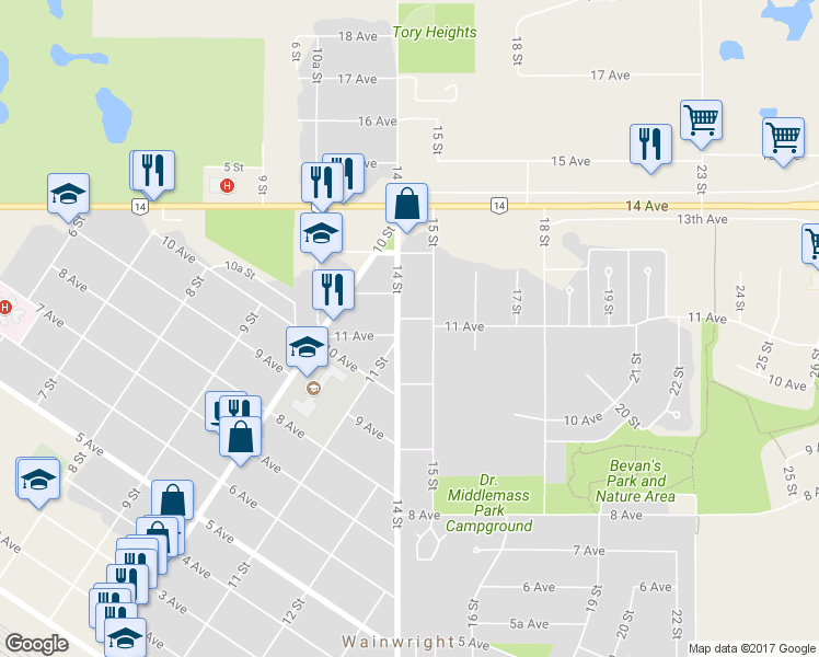map of restaurants, bars, coffee shops, grocery stores, and more near 1407 11 Avenue in Wainwright