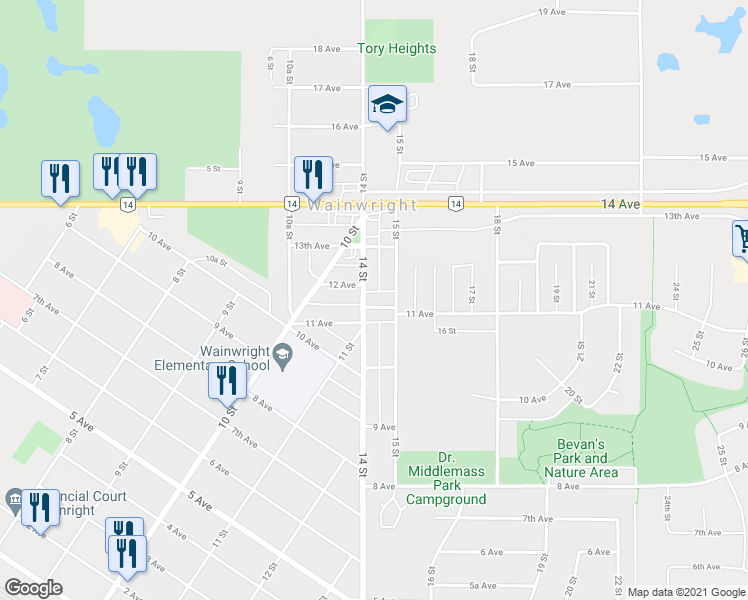 map of restaurants, bars, coffee shops, grocery stores, and more near 1101 14 Street in Wainwright