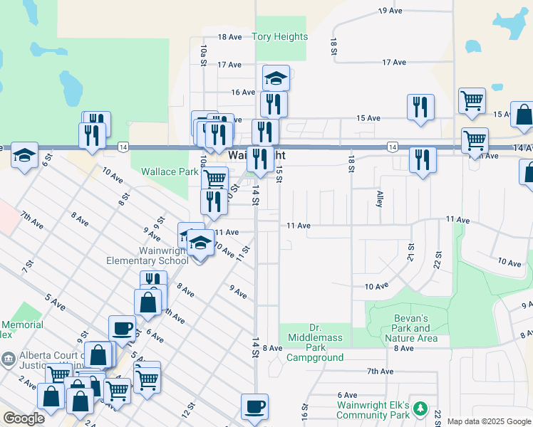 map of restaurants, bars, coffee shops, grocery stores, and more near 1407 11 Avenue in Wainwright