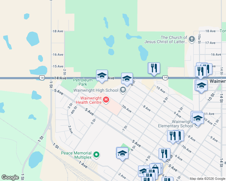 map of restaurants, bars, coffee shops, grocery stores, and more near 800 6 Street in Wainwright