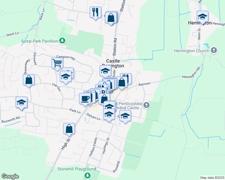 map of restaurants, bars, coffee shops, grocery stores, and more near Borough Street in Castle Donington