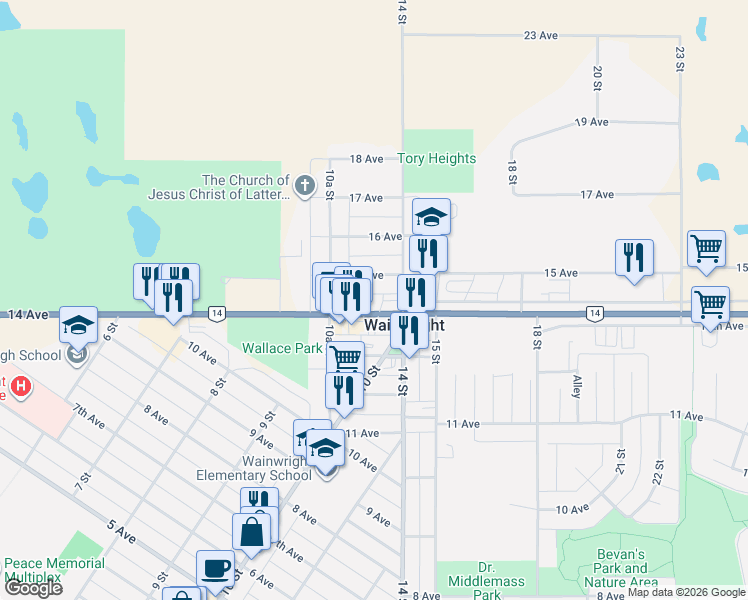map of restaurants, bars, coffee shops, grocery stores, and more near 1026 14 Avenue in Wainwright