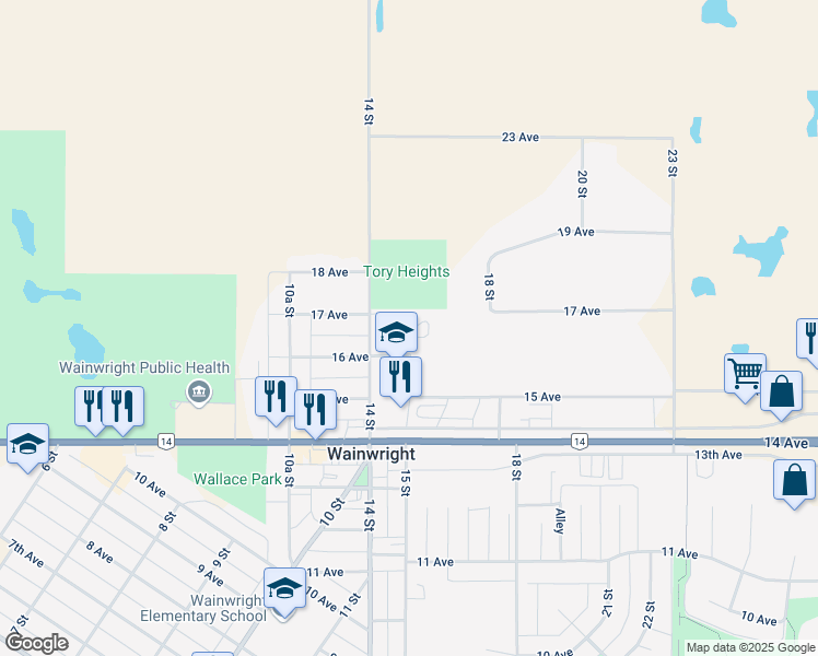map of restaurants, bars, coffee shops, grocery stores, and more near 1715 14 Street in Wainwright