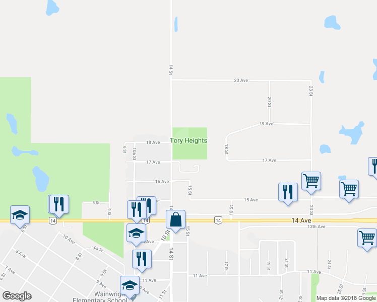 map of restaurants, bars, coffee shops, grocery stores, and more near 1715 14 Street in Wainwright