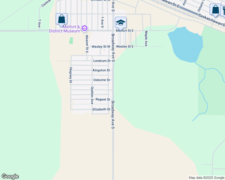 map of restaurants, bars, coffee shops, grocery stores, and more near 101 Milburn Street in Melfort